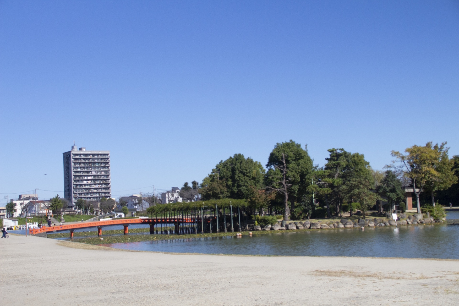 天王川公園の池と朱色の橋、周辺の建物